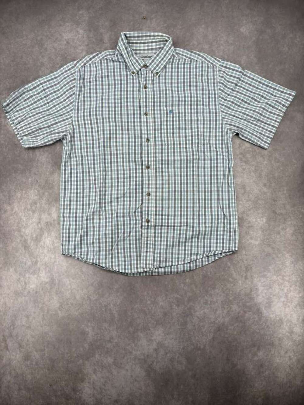 Carhartt Mens L Plaid Shirt Short Sleeve Button Down 100% Cotton Blue Workwear